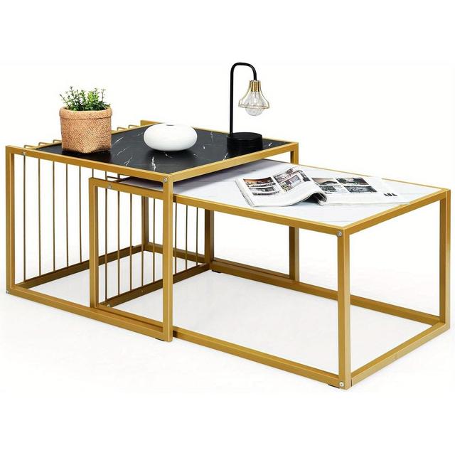 TEMU Set von 2 stapelbaren Kaffeetischen mit Marmorstruktur und Metallrahmen, rechteckiger Kaffeetisch mit Holztopf, moderner Stil, Wohnzimmer, Büro
