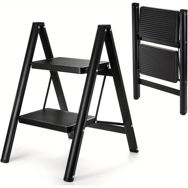 TEMU 공간 절약형 2단계 접이식 계단, 미끄럼 방지 넓은 단계 - 가벼운 휴대용 금속 의자, 가정 및 주방용, 검정색과 흰색, 등반을 위한 튼튼한 프레임, 계단 접이, 주방 접근, 현대 계단 디자인, 내구성 있는 구조