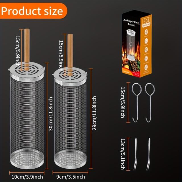 TEMU 2pcs Stainless Steel Grilling Basket With Wooden Handle, Detachable Mesh Tray, Suitable For Vegetables And Shrimp, Essential Outdoor Barbecue Accessory