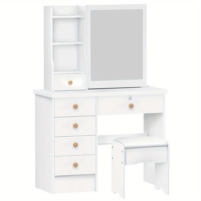 TEMU 1 Vanity Desk Without Lighting, A Dressing Table Set Featuring A Sliding Mirror And Stool, Suitable For A Bedroom, Equipped With 6 Drawers And Open Shelves, In