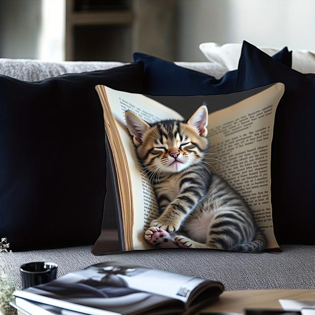 TEMU 1pc Adorable & Book Design Throw Pillow Cover - Cozy Short Plush, Single-sided Print, Zipper Closure, Machine Washable - Sofa & Bed Decor, Kitten Decor