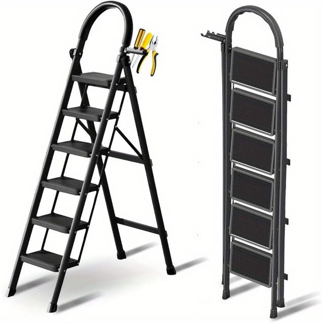 TEMU 6-step Heavy-duty Collapsible Folding Step Ladder With Tool Holder & Wide Anti-slip Pedals - Portable Durable Plastic Ladder For Kitchen, Household, Indoor & Outdoor Use (black), Construction