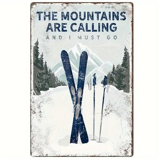 TEMU The Mountains Are Calling" Vintage Metal Tin Sign - Ski Cabins & Mountain , Retro Adventure Wall Art, Ideal Gift For