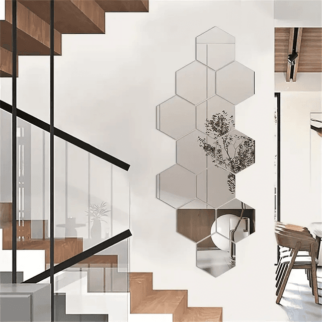 TEMU 13-teiliges silbernes Spiegelhexagon | 100mm Acryl Selbstklebende Wandaufkleber für Badezimmer, Wohnzimmer, Schlafzimmer Dekoration