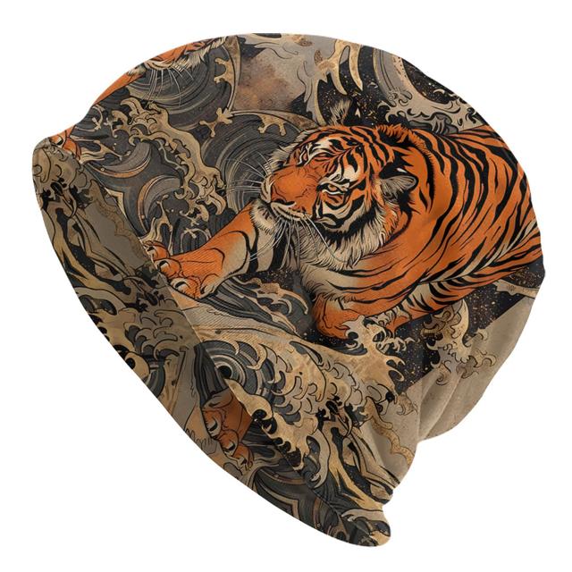 TEMU Men's Tiger & Japanese Wave Beanie Hat - Funky Animal Print Skull With /orange/, Warm Winter Knit For Casual Streetwear