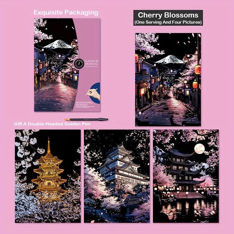TEMU 4pcs Night Scene Scratch Art Cityscape Architecture Painting Book, Cherry Scratch Art Craft, Creative Starry Sky Handicraft Kit, For Holiday Gifts, Background Decoration, Frameable