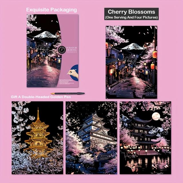 TEMU 4pcs Night Scene Scratch Art Cityscape Architecture Painting Book, Cherry Scratch Art Craft, Creative Starry Sky Handicraft Kit, For Holiday Gifts, Background Decoration, Frameable
