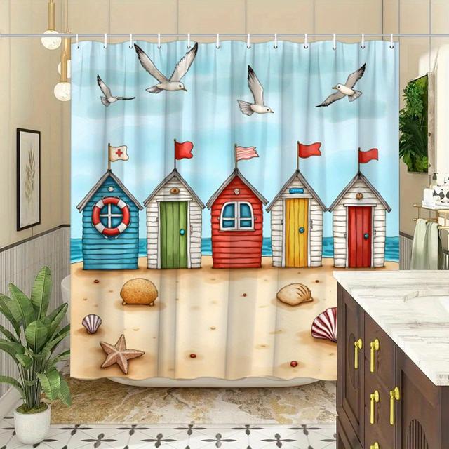 TEMU 1pc Coastal 2d Flat Print Shower Curtain, Featuring Shells And Starfish For A Modern Bathroom Look, Includes 12 Hooks, Measures By Inches