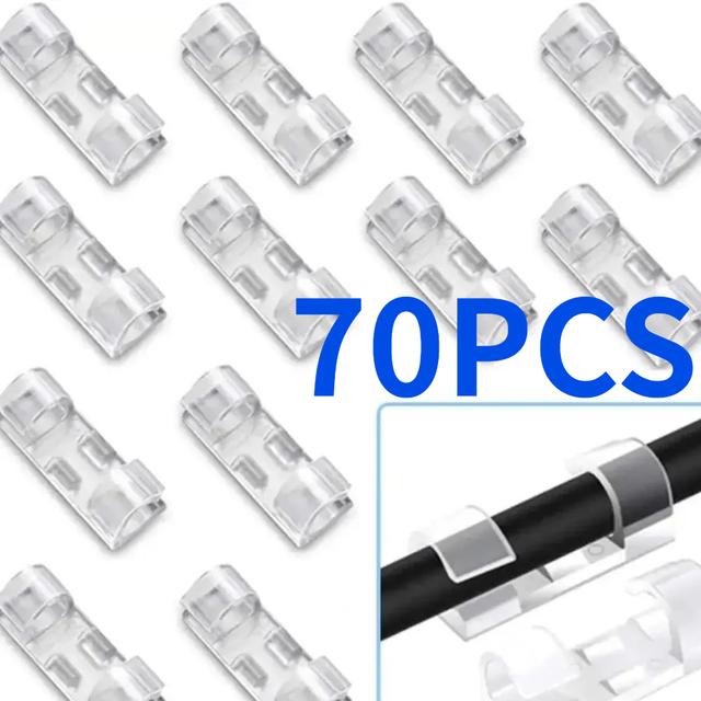 TEMU 70pcs High- Power Line Management Tool - Transparent Adhesive Cable Clips, Easily Stick To Walls And Under Desks, Perfectly Organize Plastic Cables For A Space