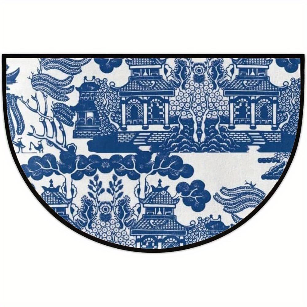 TEMU Welcome Mat In A Half-round Shape Featuring A Chinoiserie Design, Suitable For Outdoor Entrances. Durable Semi-circle Floor Mats Ideal For Kitchen Areas