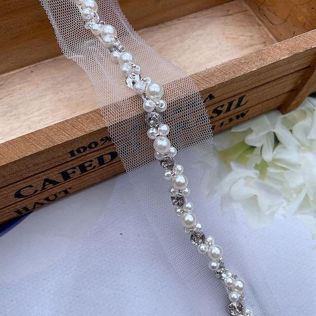 TEMU 1 Yard Perlenbesetzter Spitzenband Applikation für Nähkunst mit Kristallperlen Stoffkanten für Vintage-Hochzeitskleid
