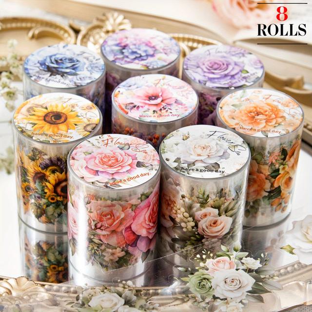 TEMU Set Of 8 Decorative Masking Tapes Featuring Flowers Like Sunflowers, Roses, And , Along With Butterflies, Perfect For Crafts, Journaling, And Scrapbooking