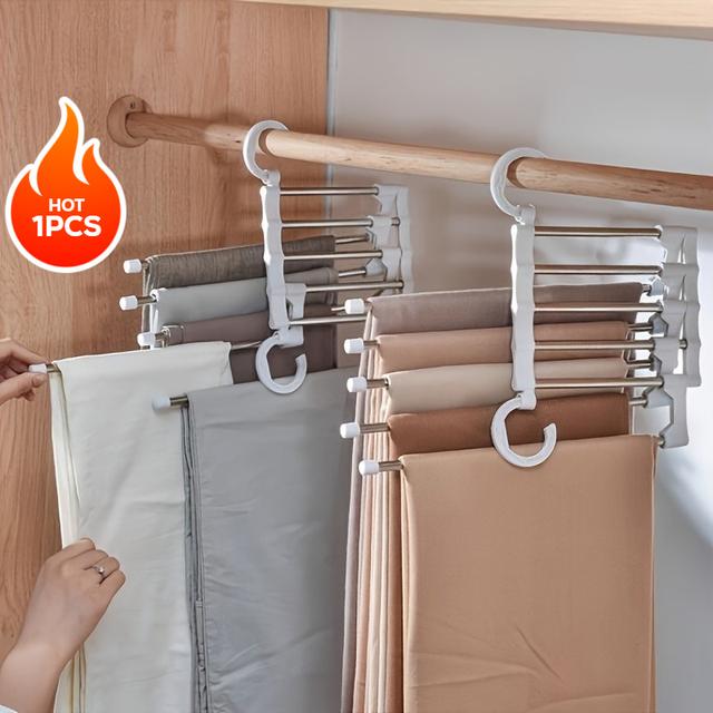 TEMU 9-tier Space-saving Metal Pants Hanger With Non-slip Coating, Includes 5 Hooks – Stainless Reduces Clutter By 80%, Slim-fit Jeans And Denim Fabrics