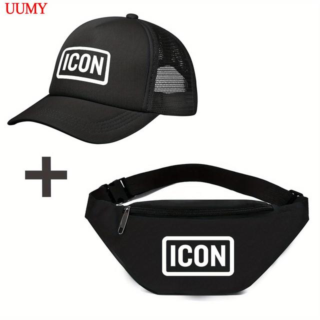 TEMU Icon Waist Bag & Baseball Cap Set For - Adjustable Strap Foldable Lightweight Sporty Combo With Zipper-closure Belt Pack & Snapback Hat For Gym, Hiking, Travel, Smartphone Carrier (printed )