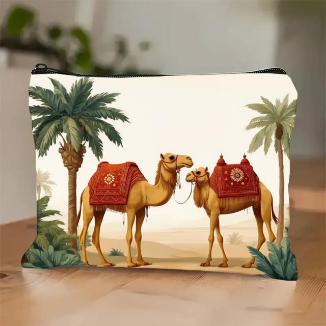 TEMU 1pc, Camel Palm Tree Desert Landscape Pattern Printed Lightweight, Foldable, Zippered Makeup Bag, Machine Washable, Portable Storage | Elegant Accessory | Zipper Closure, Small Cosmetic Pouch