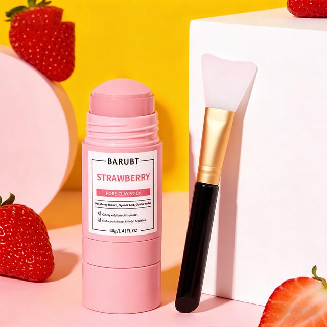 TEMU Strawberry Smearable Mud Mask & Brush Set | Pore Shrinking, Brightening Skin, Gentle Exfoliation, Deep Essential, For Daily Face Grooming, Nose Pore Care, Routine