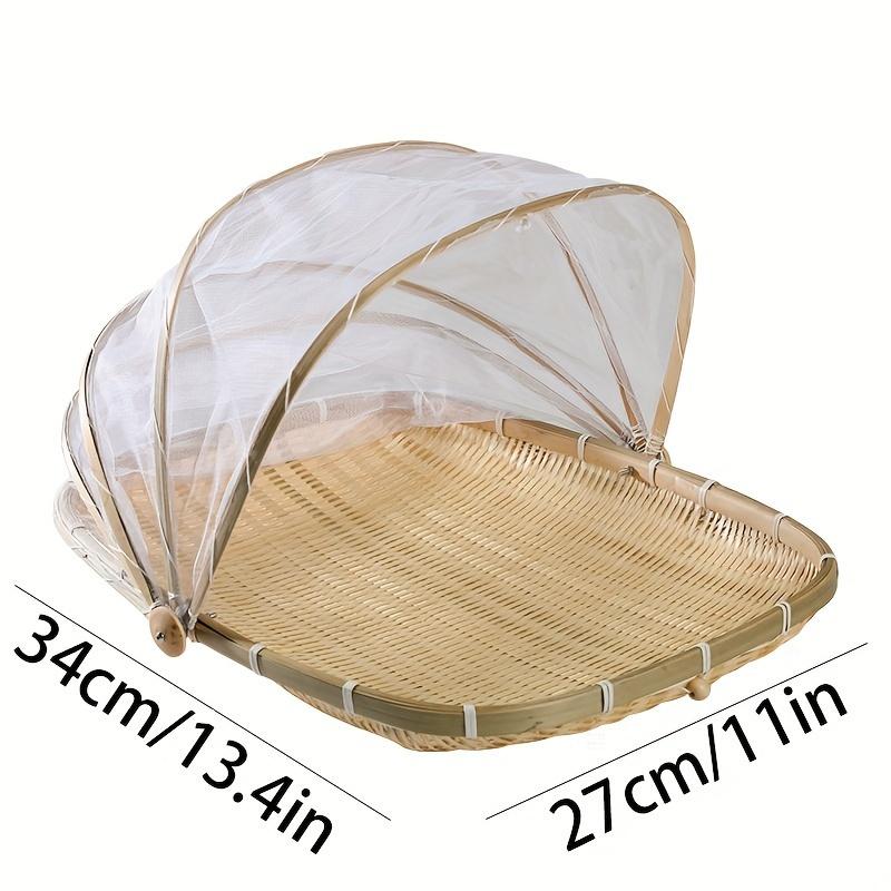 TEMU Rustic Hand-woven Bamboo Serving Basket With Mesh Gauze Cover - Round Bread Tent For Dustproof Storage, Perfect For Indoor And Outdoor Picnics, Parties, And Home Use, Picnic Basket