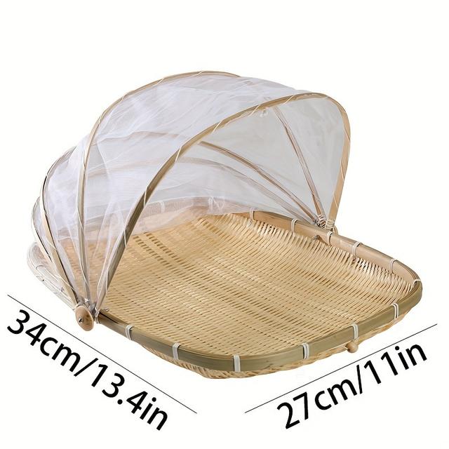 TEMU Rustic Hand-woven Bamboo Serving Basket With Mesh Gauze Cover - Round Bread Tent For Dustproof Storage, Perfect For Indoor And Outdoor Picnics, Parties, And Home Use, Picnic Basket