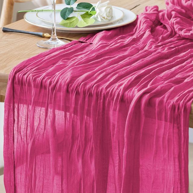 TEMU 1pc Bohemian Cheesecloth Table Runner - Sheer Polyester Gauze In Pink, Blue-gray, Greenish--orange, Spring Easter, Weddings, Showers, And Dinner Parties, Table Runner Cheesecloth