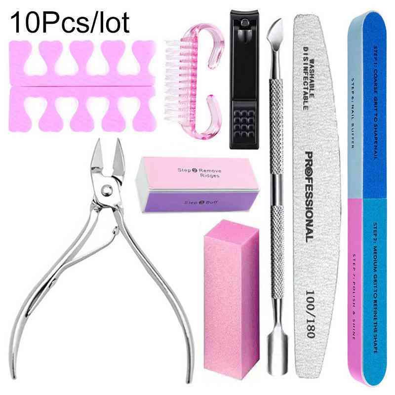 TEMU 10pcs/lot Nail /180 Grit Professional Files Buffer Sponge Nail Scissors Kit With Cuticle Nipper Pushers Clippers Fingers Separators Manicure Set Uv Gel Polish Tools