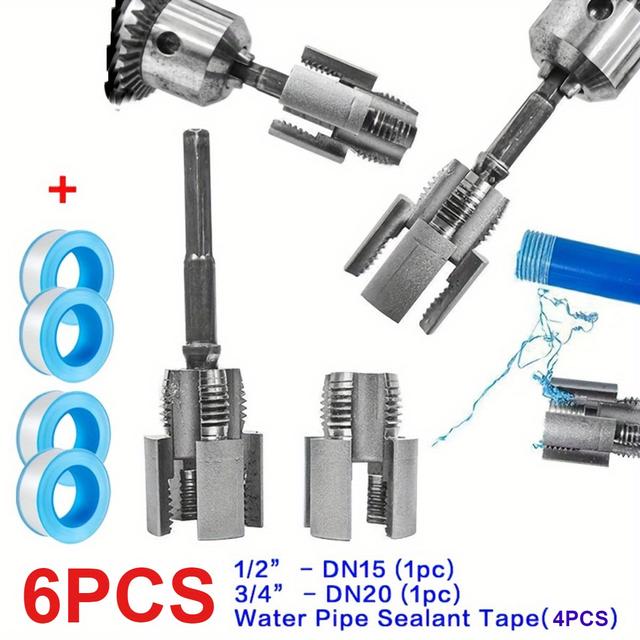 TEMU 6pcs Ppr Pipe Threader Tool + Water Pipe Sealant Tape, +dn20, Electric Drill-type Thread Repair - 1/2&3/4 Internal & External Threads For Pvc And Ppr Pipes, Heavy-duty Metal Pipe Repair Kit