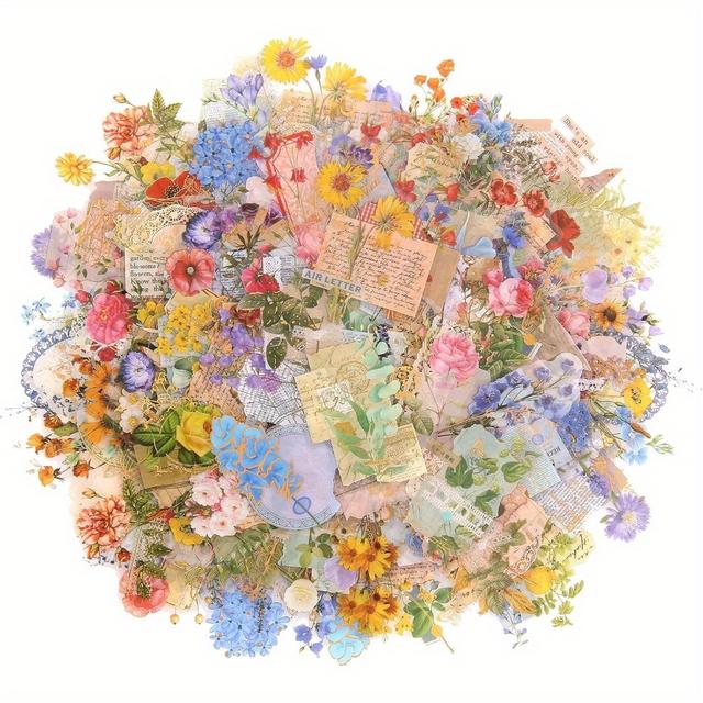 TEMU 180pcs Of Retro Handmade Waterproof Stickers, , Flower Illustrations, Decorations, Diy Collage Materials
