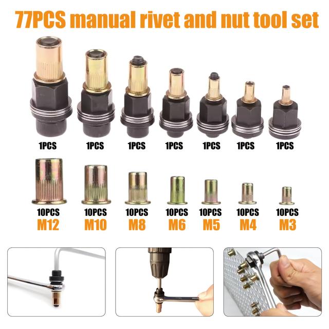 TEMU 77pcs Manual Set With 7 Sizes M3~m2, With 10 Rivet Nuts Of Same Size And Flat Rivet Gun Heads Automotive, , Home Decoration And Metal Welding