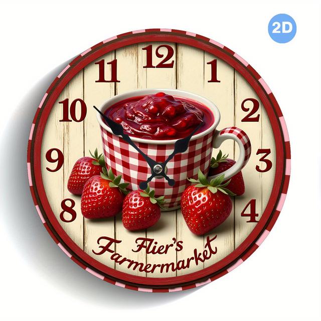 TEMU 농가의 딸기 잼 테마의 조용한 나무 벽시계, 둥근 2D 예술적인 장식적인 쿼츠 운동, 배터리 작동, 1개의 AA 배터리(포함되지 않음), 가정 사무실 입구용