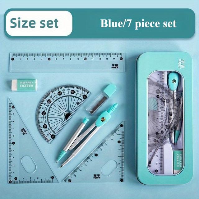 TEMU 1set 7-in-1 Durable Measurement And Drawing Set – Perfect For Students And Professionals, Ensures Precision And Portability Includes Compass, Protractor, Ruler, And Eraser