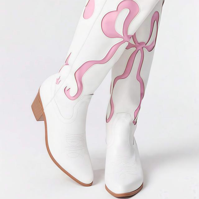 TEMU Women' Western Mid-calf Boots With Pink - Slip-on Pointed Toe Chunky Heel, Pu Cover & Tpu Sole, Dress Shoes For Casual & Formal Outfits, Cowgirl Boots, Stylish Outfit Accessory