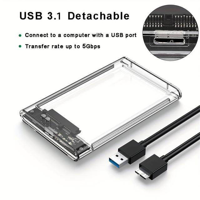 TEMU .35cm Sata To Usb 3.0 Casing - Transparent, Tool Free Installation, Suitable For Laptops And Desktops, Supports Mechanical And Solid-state Drives, Portable External Box