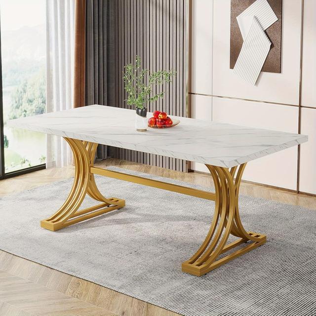 TEMU Table à Manger Rectangulaire de 63 Pouces pour 4 à 6 Personnes, Table Moderne avec Pieds en Métal Élégants, Grande Table de Salle à Manger (Blanc + Doré) - Chaises Non Incluses