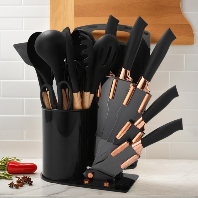TEMU 19pcs Black Silicone Kitchen Utensil Set With Stainless Steel Knives, Wooden Handles & Stand Block - Durable, Heat-resistant Cooking Tools For Home Kitchenwar