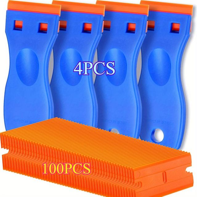 TEMU 4pcs Plastic Scraper And 100pcs Blades, Remove Label Decal Tool, Scratch-free Plastic Scraper, Adhesive Remover For Stickers, Gaskets, And Paints On Window Car Glass