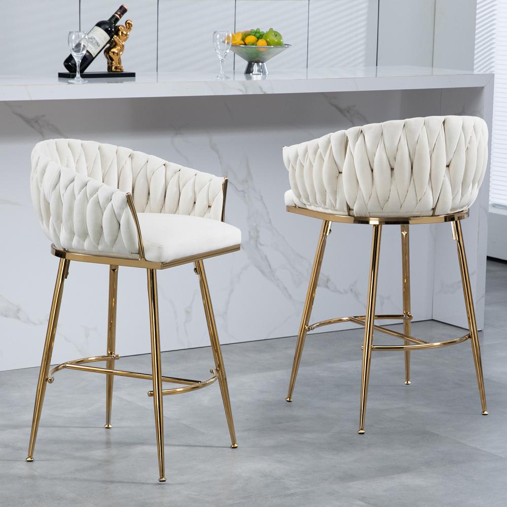 TEMU 26'' Counter Height Bar Stools Set Of 2, Velvet Kitchen Island Counter Bar Stool With Hand- , Golden Base And Foot Rest (grey)