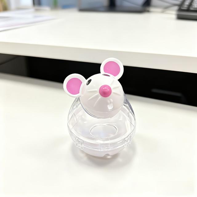 TEMU Interactive Cat Feeder Toy Rolling Mouse Design Pink And White Plastic Material No Batteries Needed Universal For Kitten And Adult Cat Feeding Training