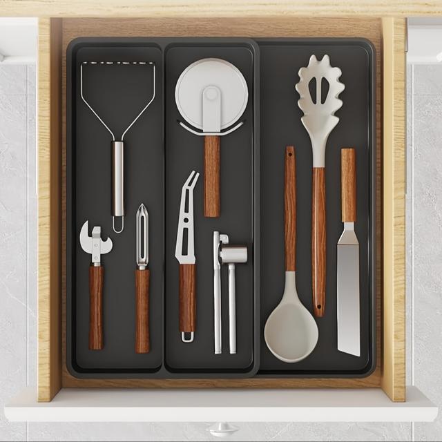 TEMU Expandable 3-tier Cutlery Organizer - Large Size, Black Plastic Utensil Storage That Easily Organizes Kitchen Items Like Forks, Spoons, And Knives