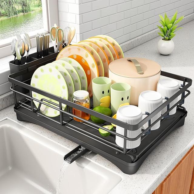 TEMU Dish Drying Rack- Stainless Steel Dish Rack For Kitchen Counter, Large-capacity Dish Drainer With Cutlery Holder, Kitchen Organizer For Dishes, Spoons And Forks, Black