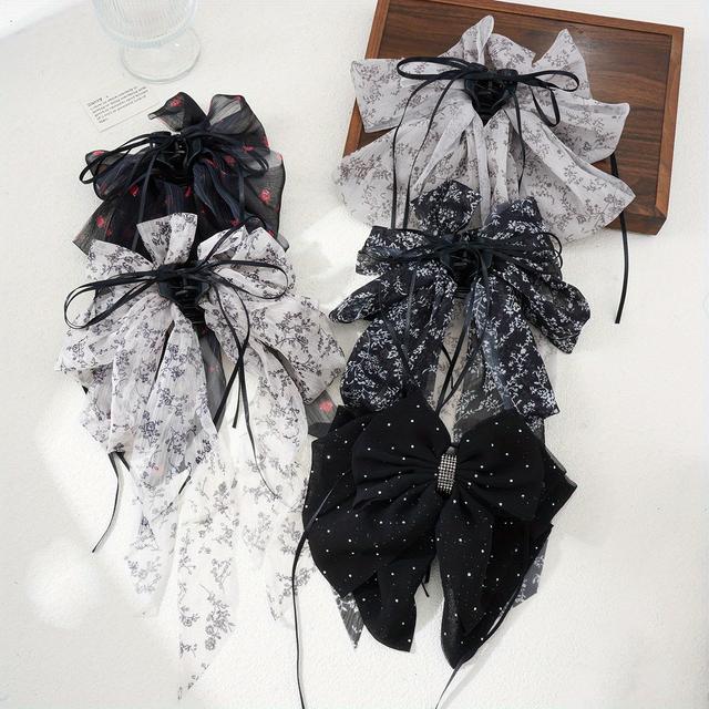 TEMU 5pcs 우아한 꽃무늬 리본 타이와 라인스톤 액센트 - 여성용 빈티지 스타일 블랙 & 화이트 원단 헤어 클립, 다용도 캐주얼 & 정장 헤어 액세서리, 귀여운 헤어 액세서리, 정장 헤어피스, 리본 디자인, 라인스톤 장식