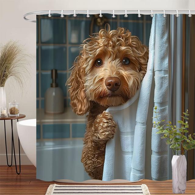 TEMU 1pc Adorable Poodle Puppy Peeking Over Bath Towel Digital Shower Curtain - Cute And Cozy Bathroom Decor With Realistic , 12 Hooks, 70.86x70.86in, Gift, Bathroom Decor And Accessories