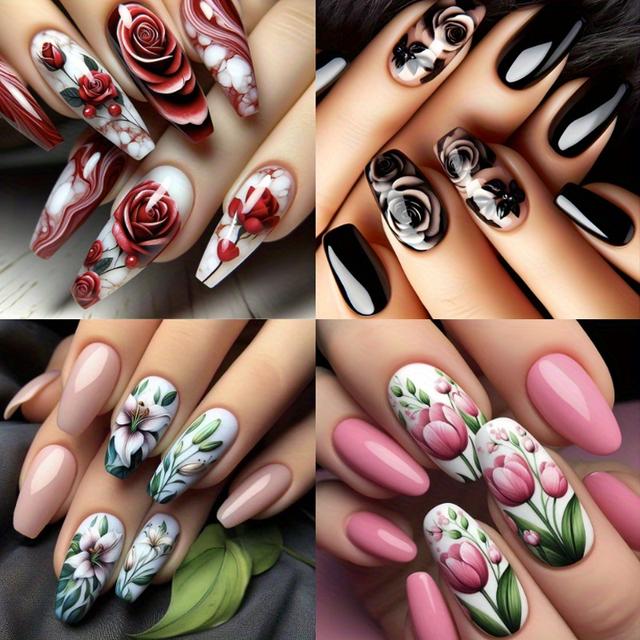 TEMU 96pcs (4 Pack) Almond Shaped Nail With Medium Size Fake Nail And Floral , Glossy Full Set Acrylic Fake Nail With Design, Reusable Female Adhesive Nail