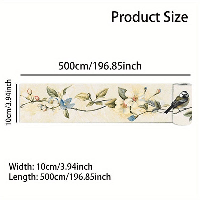 TEMU 1pc Vibrant Bird & Floral Self-adhesive Pvc Wallpaper Border - , Design, 196.85x3.94 Inches - Perfect For Living Room, Bedroom, Kitchen, Bathroom, Patio Walls & More, Wallpaper