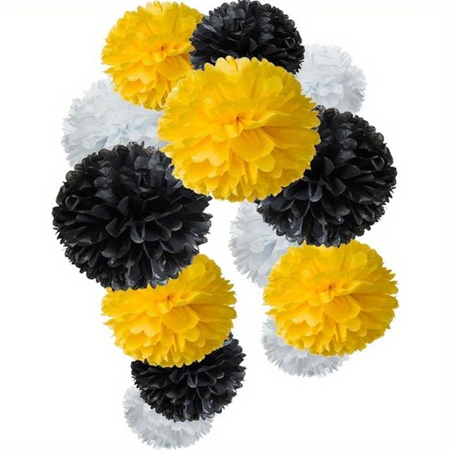 TEMU Tissue Pom Poms In Black, Yellow, And White For Bee-themed Party Decorations (set Of 12)
