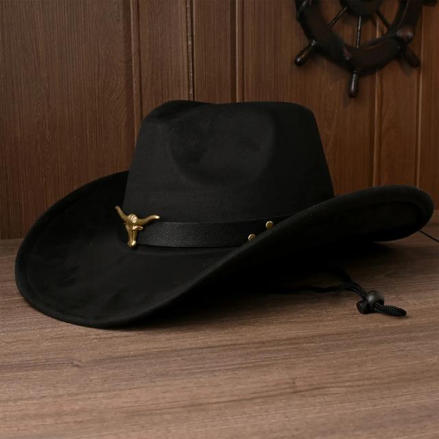 TEMU Sombrero vaquero para todas para hombres y mujeres - cuero negro con borde estrellado dorado, cuerda y banda ajustables para proteger , estilo para uso casual y fiestas.