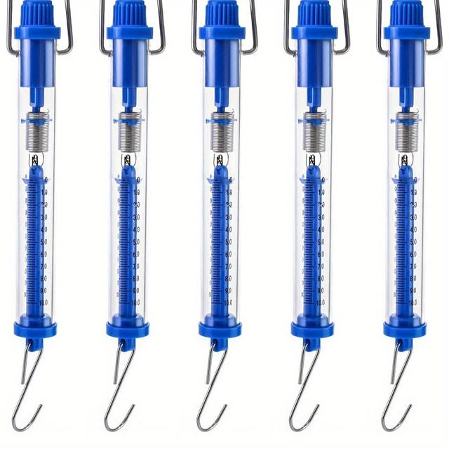 TEMU Set Of 5 Plastic Tubular Spring Scales With Of 1n, 5n, 10n, 20n, And 30n, Calibrated In Grams And Newtons, Featuring Zeroing And A Transparent Plastic Body.