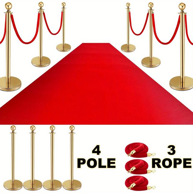 TEMU Premium 4pole 3rope Golden Sets: 5ft Red Velvet Ropes, Ball Top Posts, Solid Stainless , Ideal Barriers For , Parties, Weddings, Exhibitions & Party Supplies