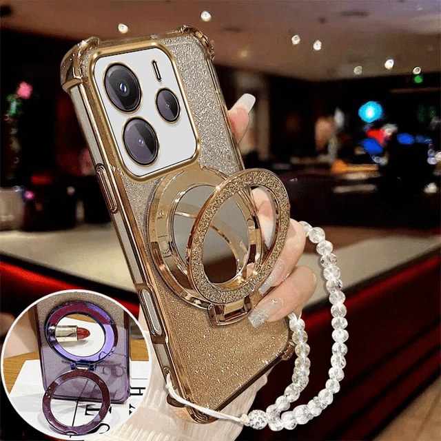 TEMU Funda para Teléfono: Funda Compatible con Redmi Note 14 4G y Note 14 5G, Lujo Electroplateado con , TPU con Airbag Anticaídas, Soporte Plegable para Espejo de Maquillaje, Cordón de Cristal