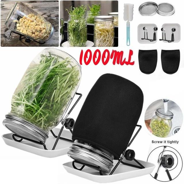 TEMU 2 Stück 1000ml Keimglas mit 2 Filtergitter-Deckeln, Ständer Reinigungsbürste, Keimglas-Set für Sprossenzucht, Keimschale