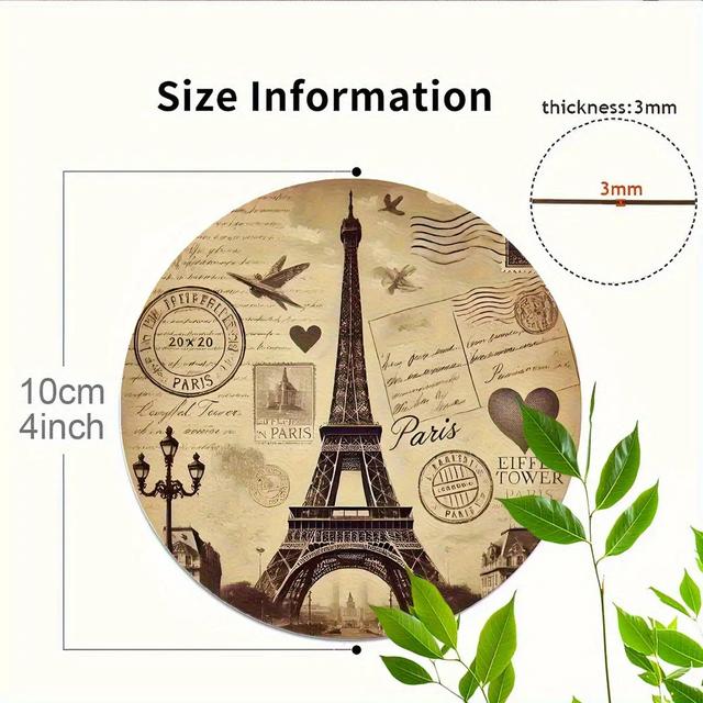 TEMU 6pcs Round Wooden Coasters - Vintage Eiffel Tower 2d Flat Decor Set, Suitable For Coffee Table, Apartment, Glass Cup, Beer Mug, Housewarming Gift, Holiday Coaster, 4 Inches/10cm, 2d Flat Design