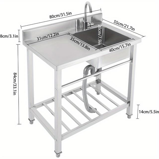 TEMU Fregadero móvil de acero inoxidable con grifo para cocinas de restaurantes comerciales, de 80 x 55 x 84 cm, ideal para cocinas de granja